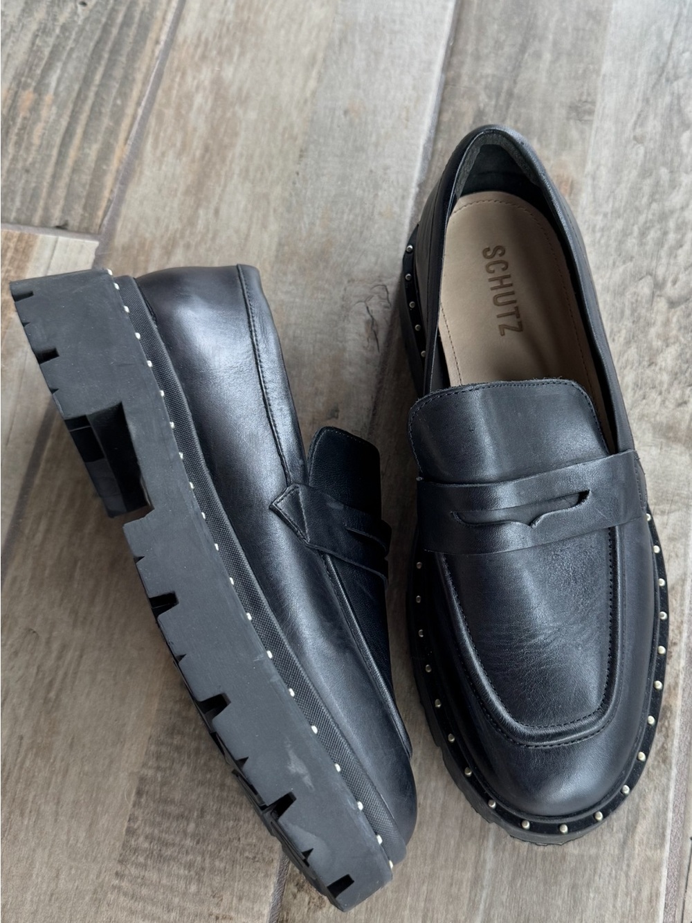 SCHUTZ Black Leather Lug Sole Penny Loafers with Stud Trim Size 8B Black